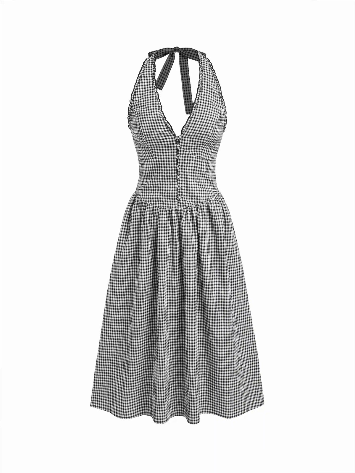 Halter Neckline Gingham Tie Back Midi Dress