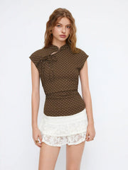 Polka Dot Mandarin Collar Short Sleeve Knotted Ruched Top