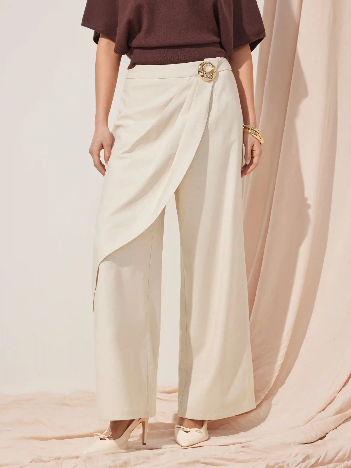 Linen-blend Mid Rise Asymmetrical Metal Detail Wide Leg Trousers