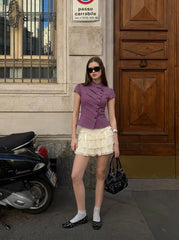 Cotton Plaid Stand Collar Puff Sleeve Tie Back Button Blouse