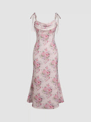 Satin Floral Ruched Slip Maxi Dress