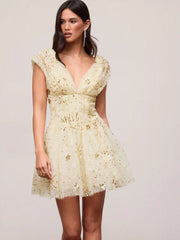 Textured Sequins V-neck Embroidery Lace Up Mini ALINE Dress