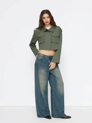 Cotton-blend Collar Zip Through Oversized Crop Jacket