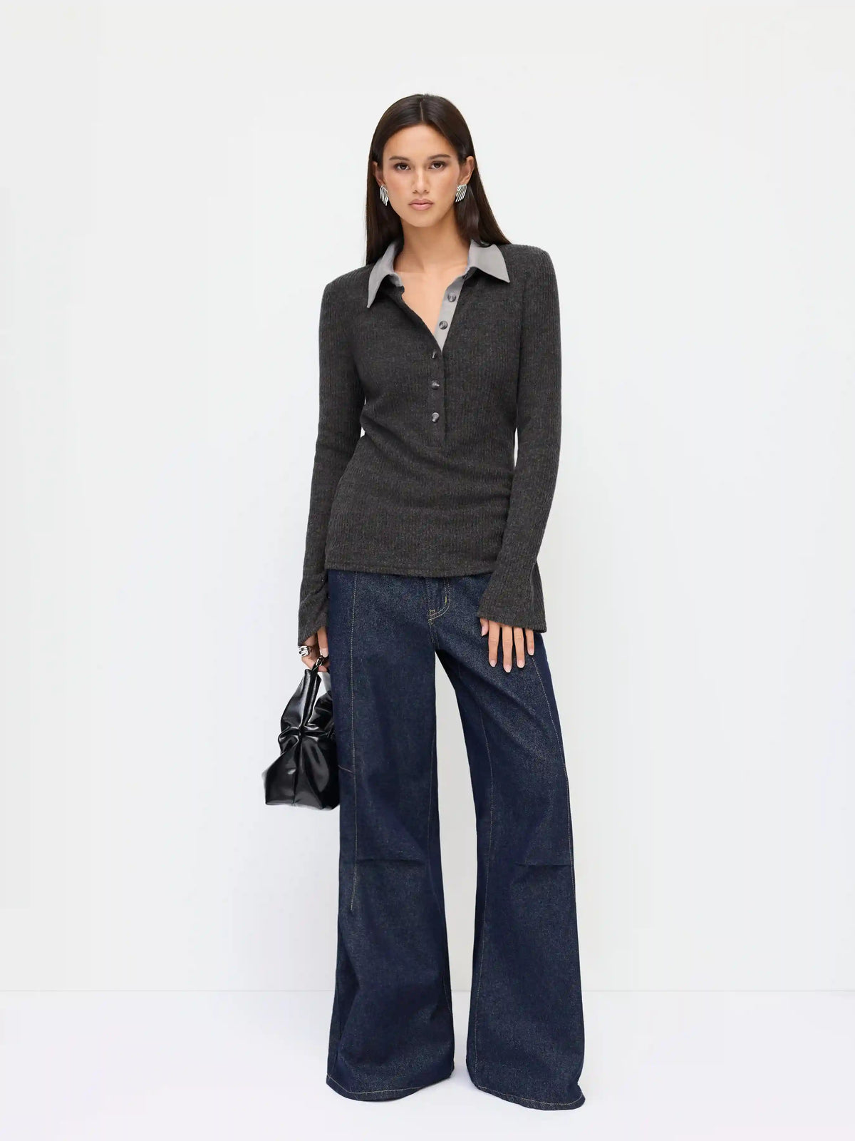Two Tone Collar Long Sleeve Button Top