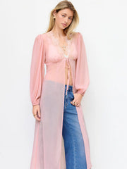 Chiffon V-neck Puff Sleeve Lace Panel Long Sleeve Blouse