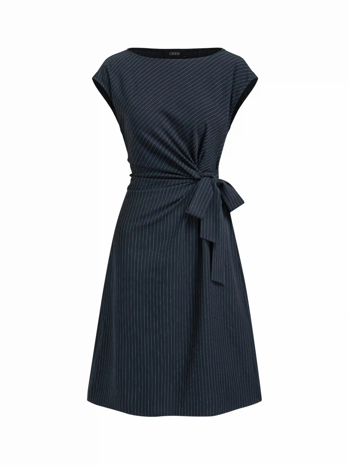Boat Neck Stripe Knotted Ruched Midi Dress