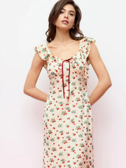 Satin Scoop Neckline Strawberry Bowknot Ruffle Hem Maxi Dress