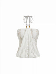 Textured Lace Halter Neckline O-Ring Draped Longline Top