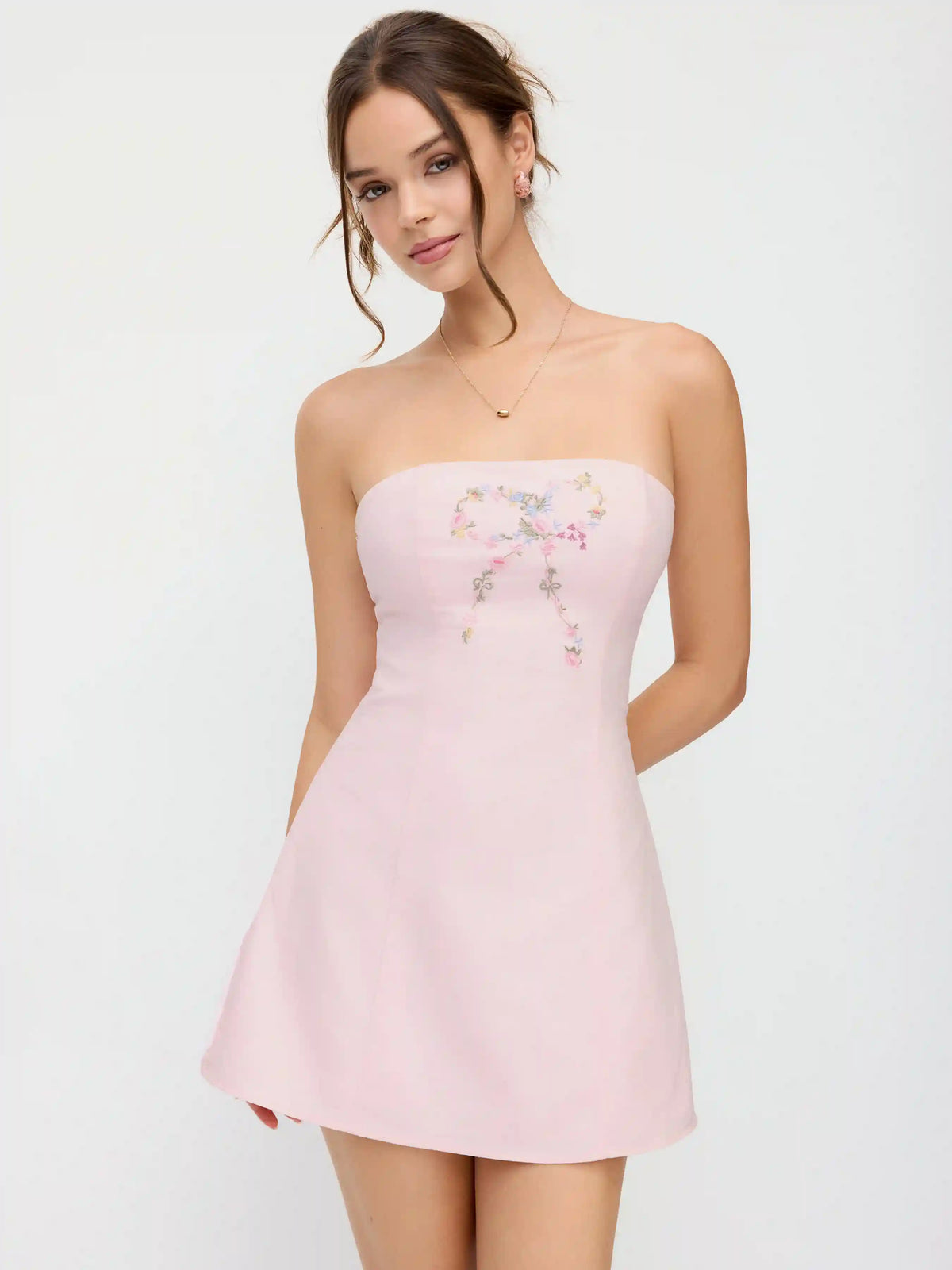 Linen-blend Floral Bowknot Embroidery Lace up Flared Mini Dress