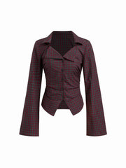 Cotton-blend Collar Tartan Ruched Bell Sleeve Shirt