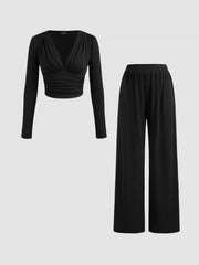 V-neck Solid Ruched Long Sleeve Crop Top & Mid Rise Solid Wide Leg Trousers Set
