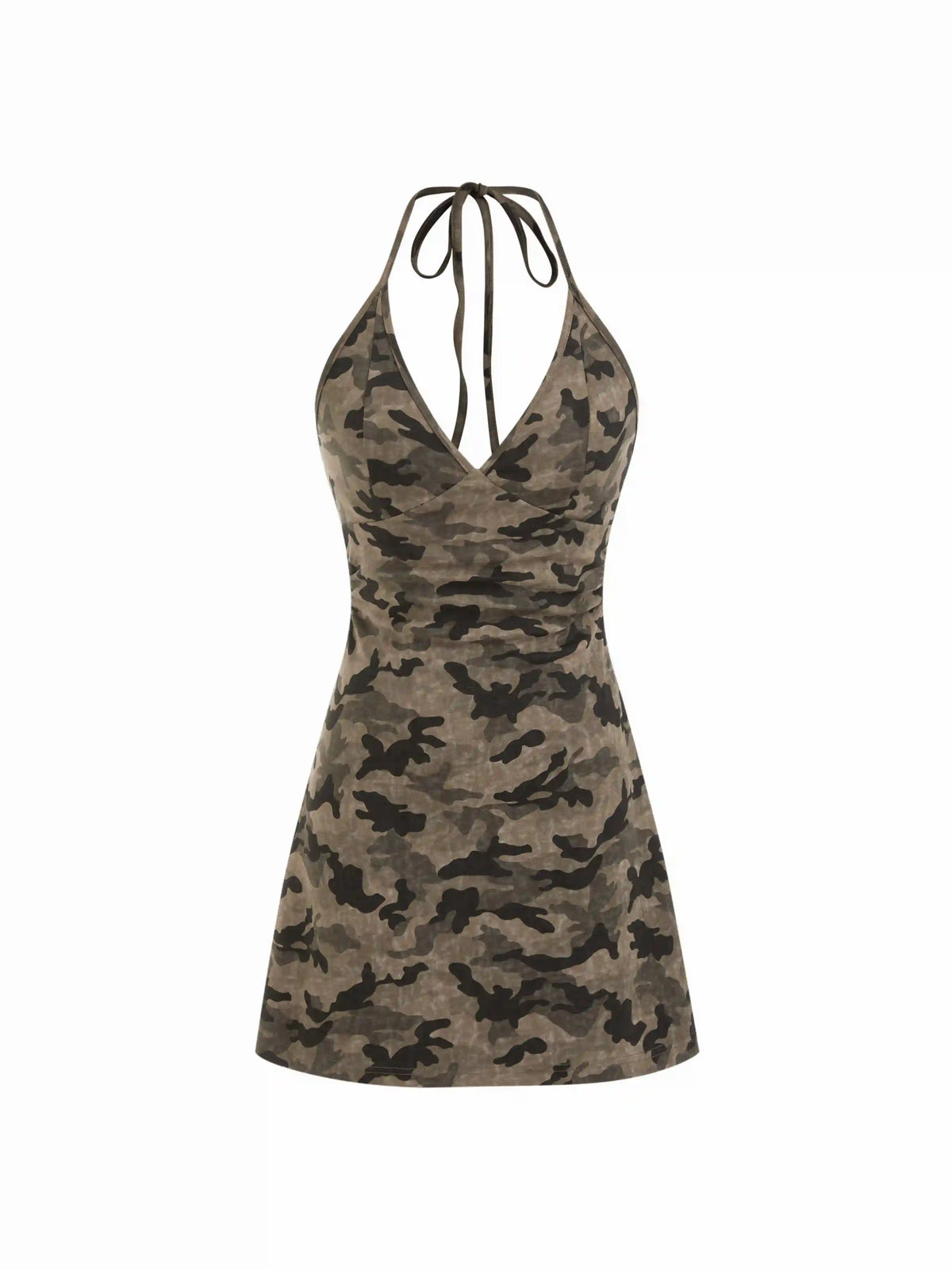 Cotton-blend Halter Neckline Camo Ruched Cami Mini Dress