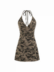 Cotton-blend Halter Neckline Camo Ruched Cami Mini Dress