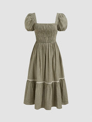Square Neck Gingham Shirred Ruffle Puff Sleeve Maxi Dress