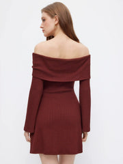 Off-Shoulder Bell Sleeve Metal Button Ribbed Mini Dress