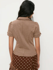 Jacquard Houndstooth Button Short Sleeve Blouse