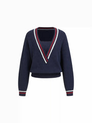 Knit V-neck Long Sleeve Striped Trim Oversized Top