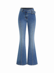 Stretch Cider Denim Low Rise Flared Jeans With Belt