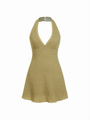 Textured Halter Neck Lace Trim A-line Mini Dress