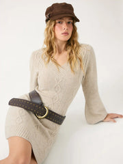 Wool-blend Cable Knit V-neck Bobycon Mini Dress With Belt