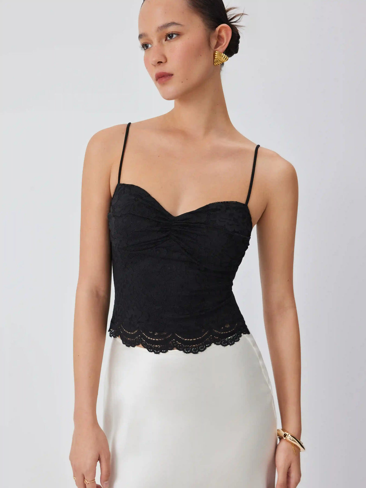 Lace V-neck Scallop Trim Ruched Cami Top