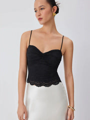 Lace V-neck Scallop Trim Ruched Cami Top