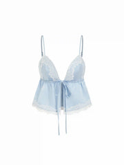 Satin V-Neck Lace Trim Tie Front Ruched Crop Cami Top