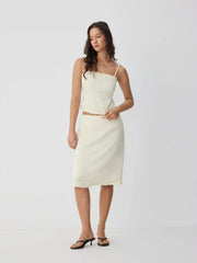 Satin Lace Trim Button Cami Top & Mid Rise Midi Skirt Set