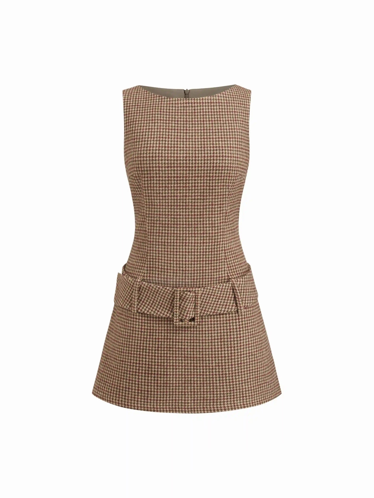 Boat Neck Houndstooth Belted Mini Dress