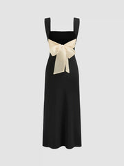 Square Neck Ruched Split Bowknot Maxi Dress