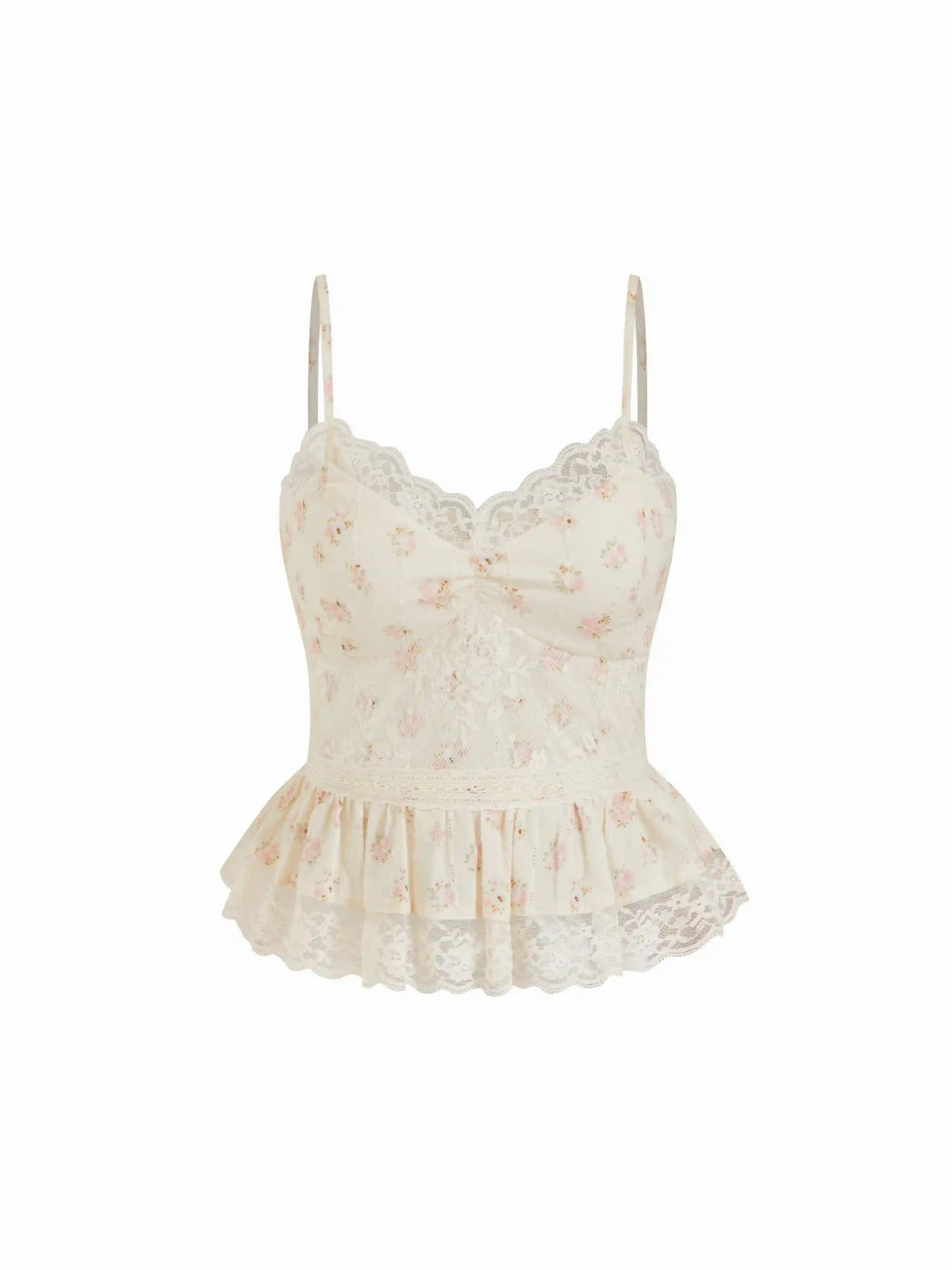 Cotton-blend Floral Sweetheart Lace Trim Peplum Cami Blouse