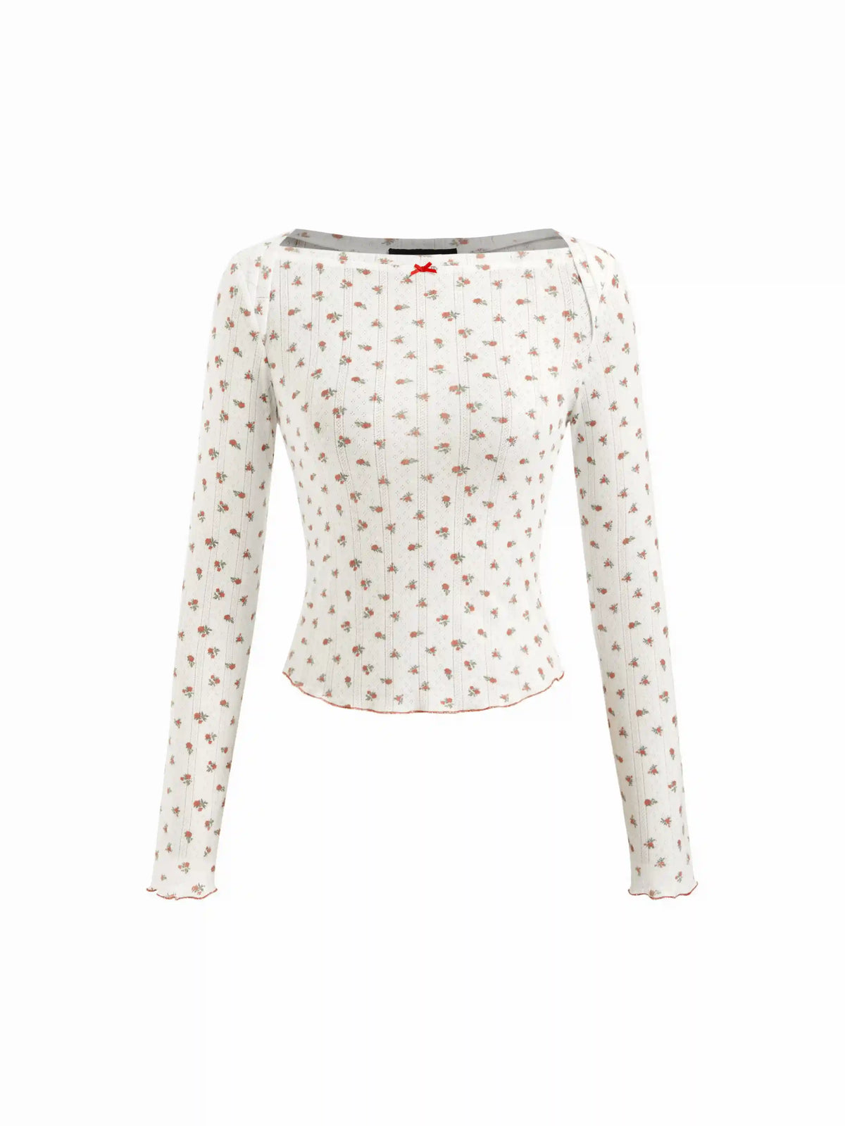 Cotton-blend Floral Pointelle Boat Neck Long Sleeve Lettuce Trim Top