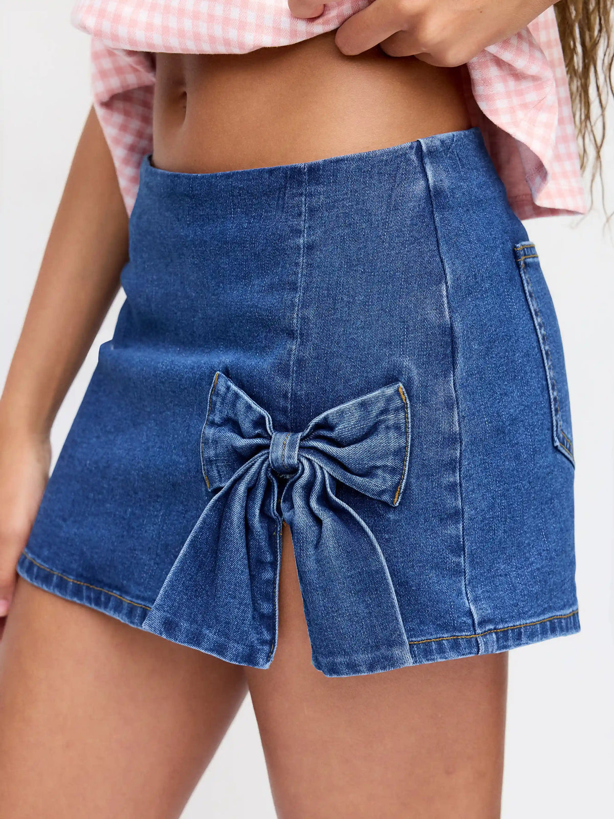 Stretch Denim Washed Low Rise Bowknot A-line Mini Skirt