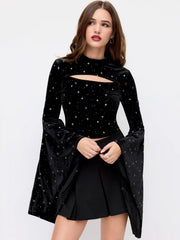 Velvet Star Pattern Bell Sleeve Crop Top
