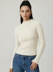 Rib Knit Stand Neck Solid Long Sleeve Top