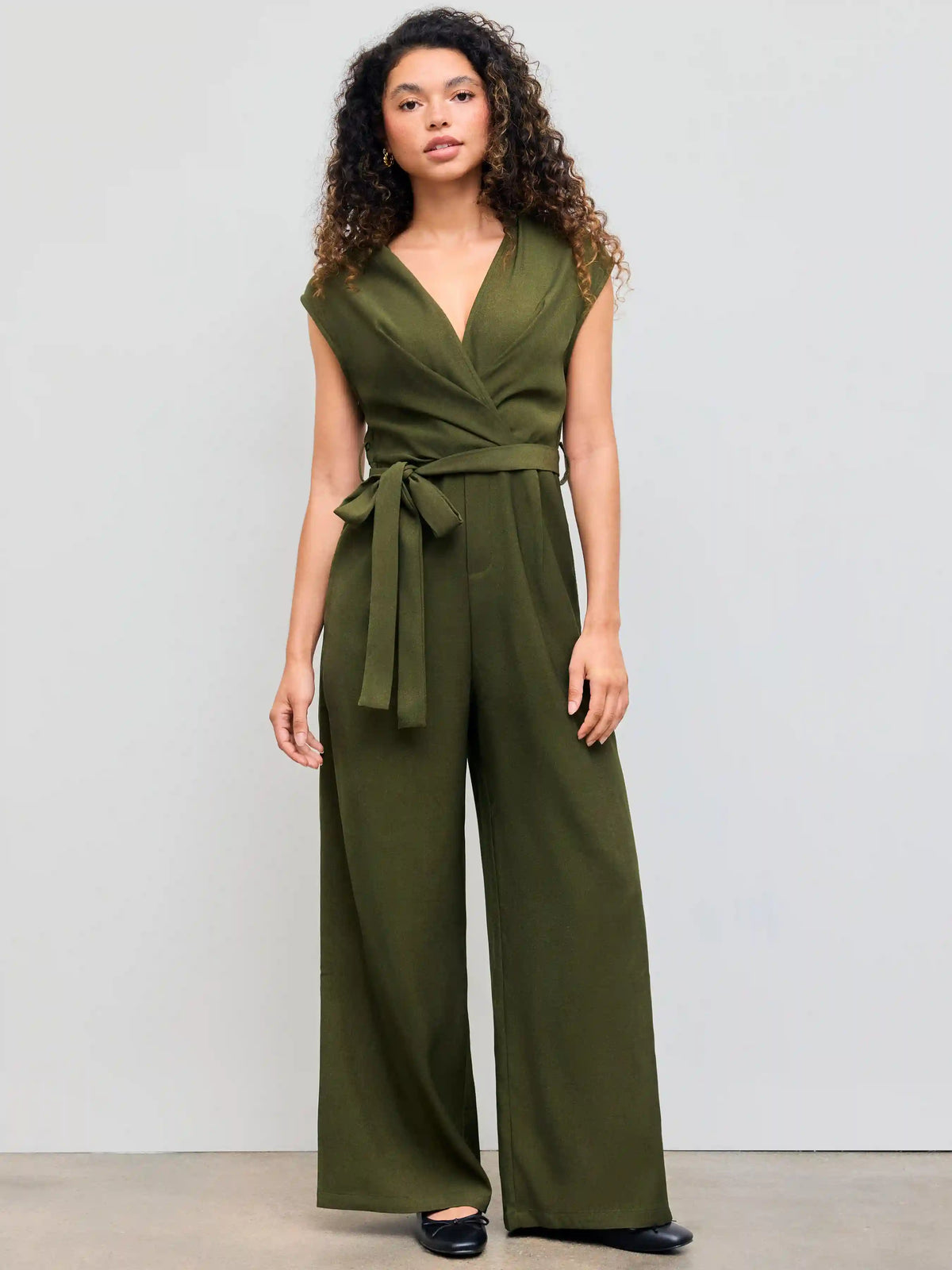 Collar Solid Pocket Wide Leg Jumpsuit With Belt