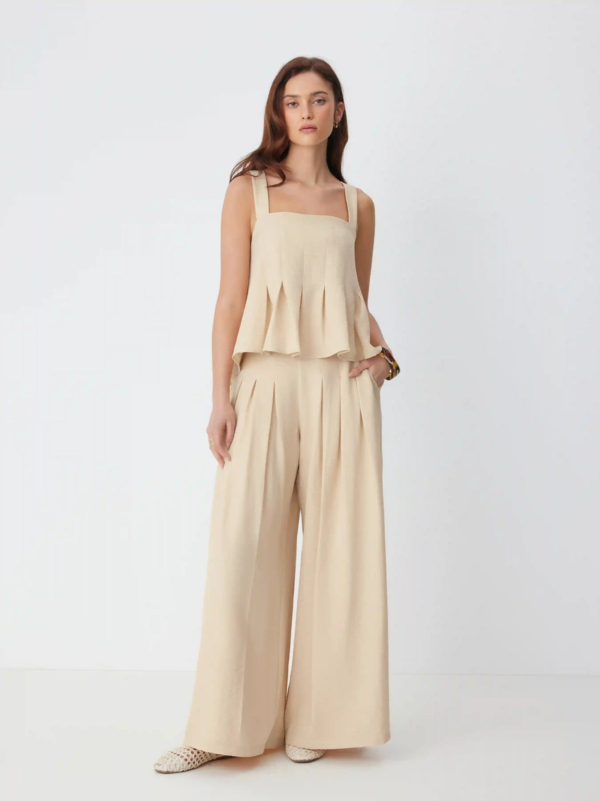 Square Neckline Pleated Cami Top & Mid Rise Wide Leg Pants Set