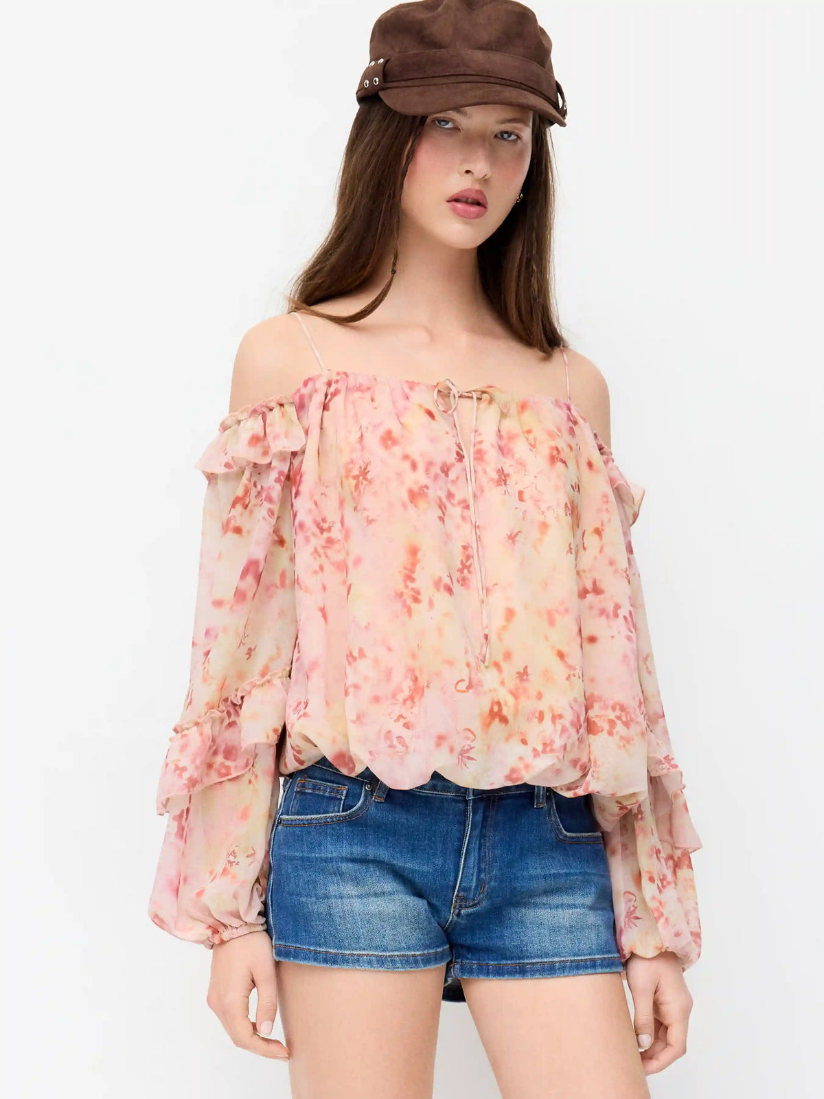 Chiffon Floral Off-shoulder Puff Sleeve Ruffled Oversized Blouse