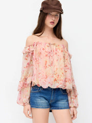 Chiffon Floral Off-shoulder Puff Sleeve Ruffled Oversized Blouse