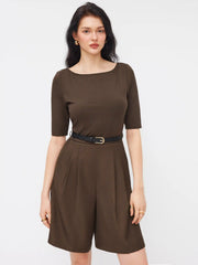 Boat Neck Mid-length Sleeve Romper With Belt
