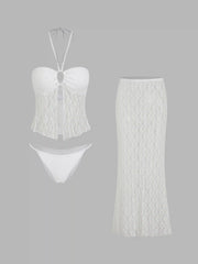 Lace Halter Neck Ruched Three-Piece Bikini Set With Maxi Skirt