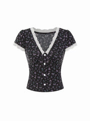 Ditsy Floral V-Neck Contrasting Lace Puff Sleeve Top