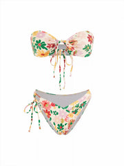 Floral Cut Out Ruched Tie Side Strapless Bracelet Bikini Set