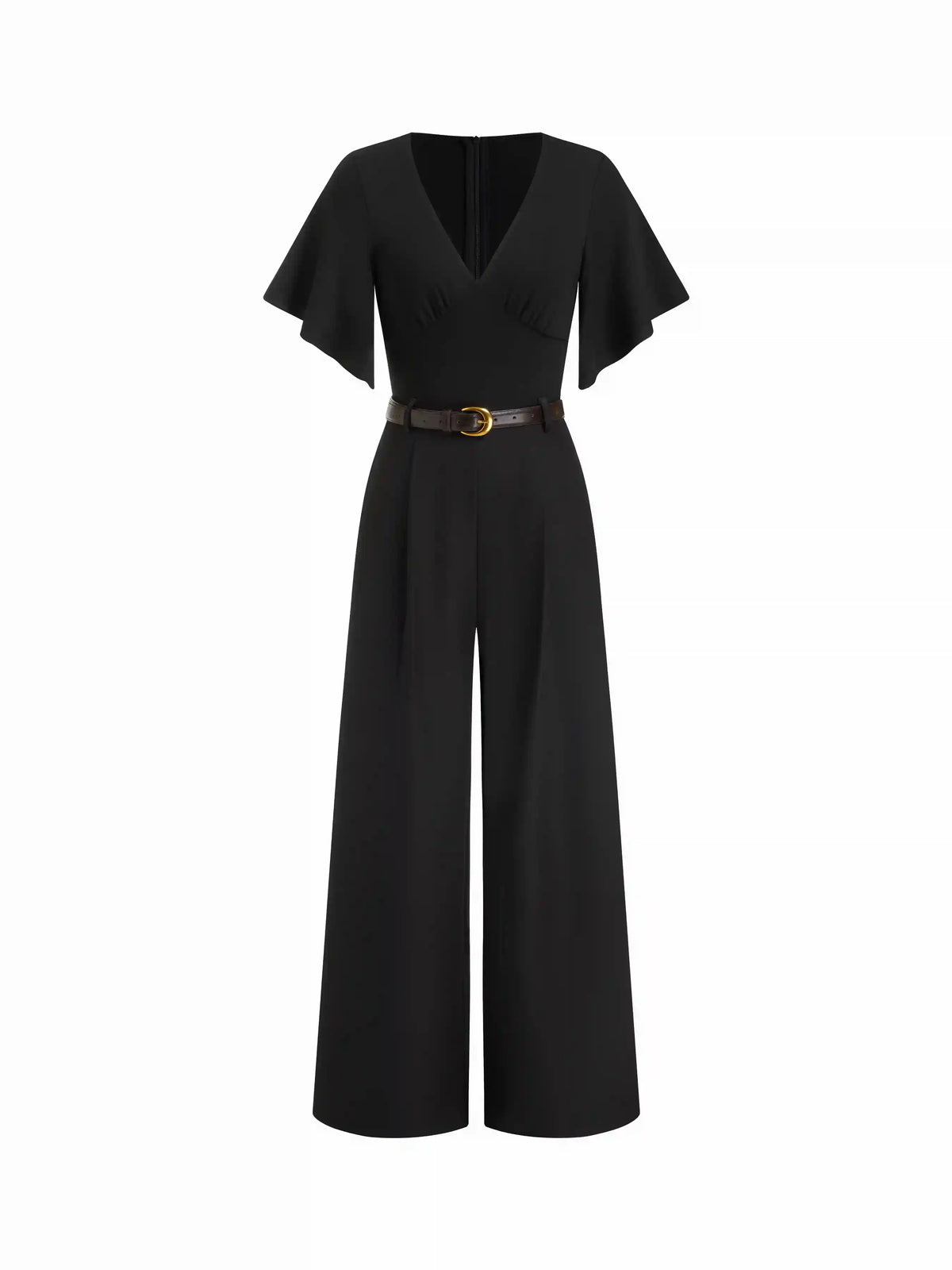 V-neck Bell Sleeve Mid Rise Wide Leg Jumpsuit With Belt