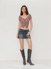 Off-shoulder & V-Neck Floral Button Through Top