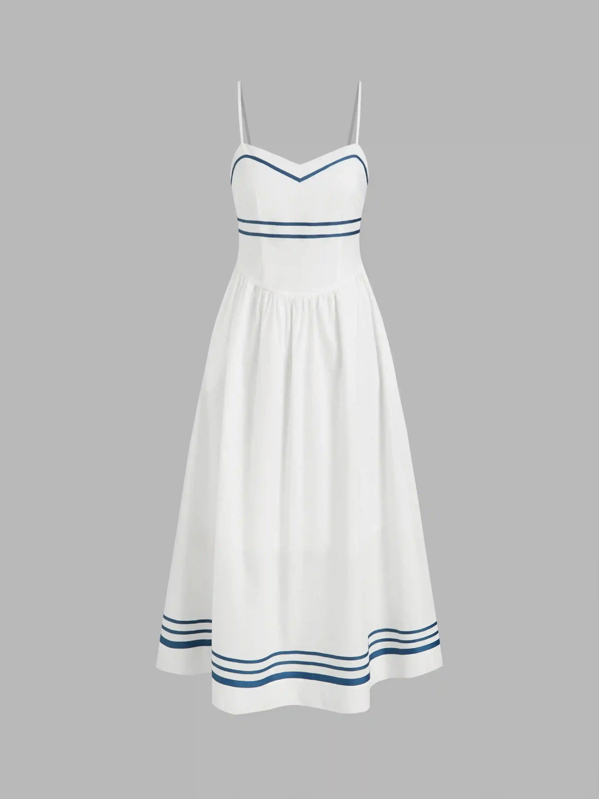 Cotton Contrasting Binding Stripe Knotted Shirred Midi Cami Dress