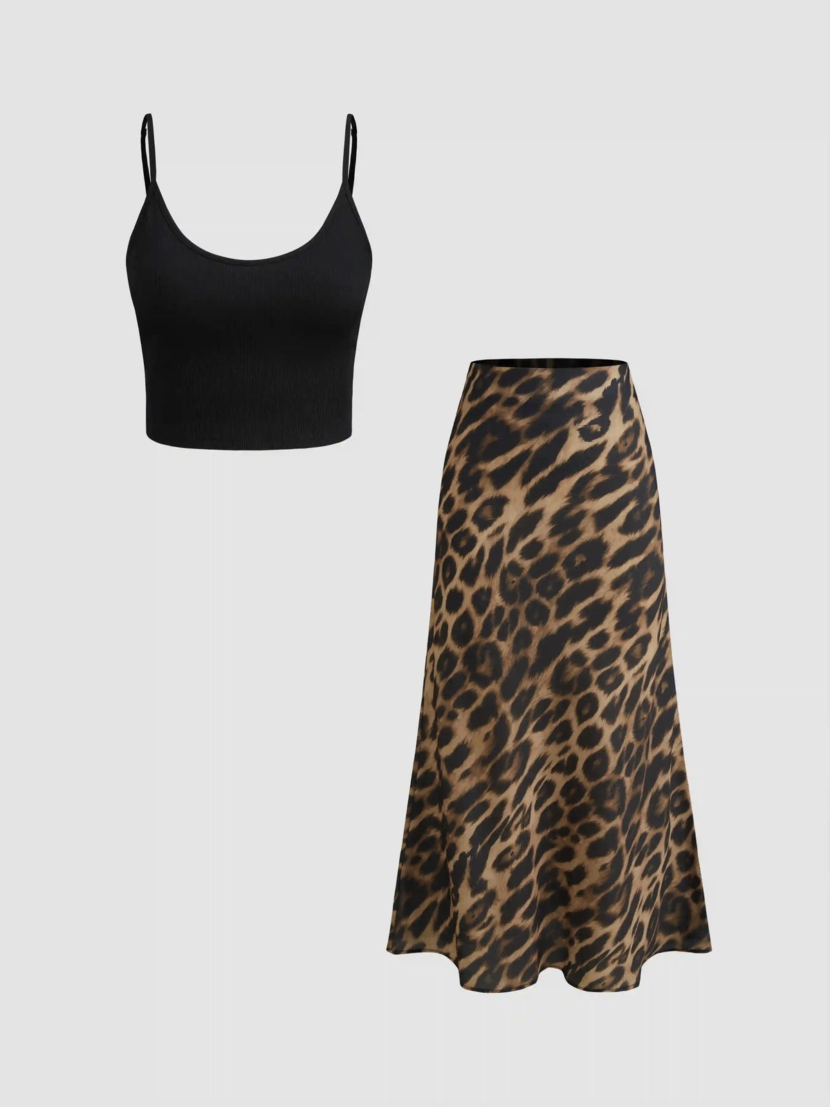 Scoop Neckline Crop Cami Top With High Rise Leopard Maxi Skirt