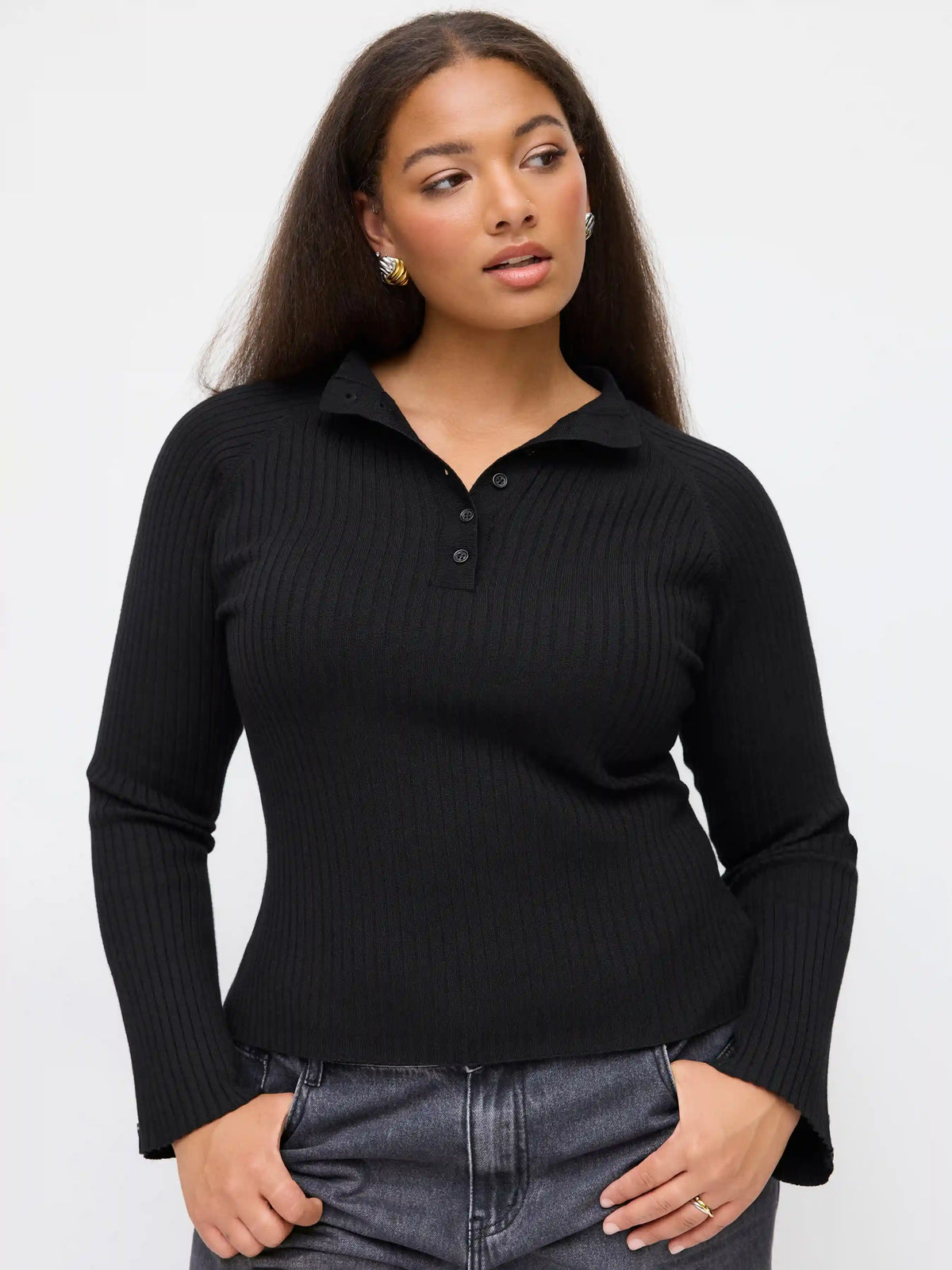 Knit Collar Button Long Bell Sleeve Top Curve & Plus