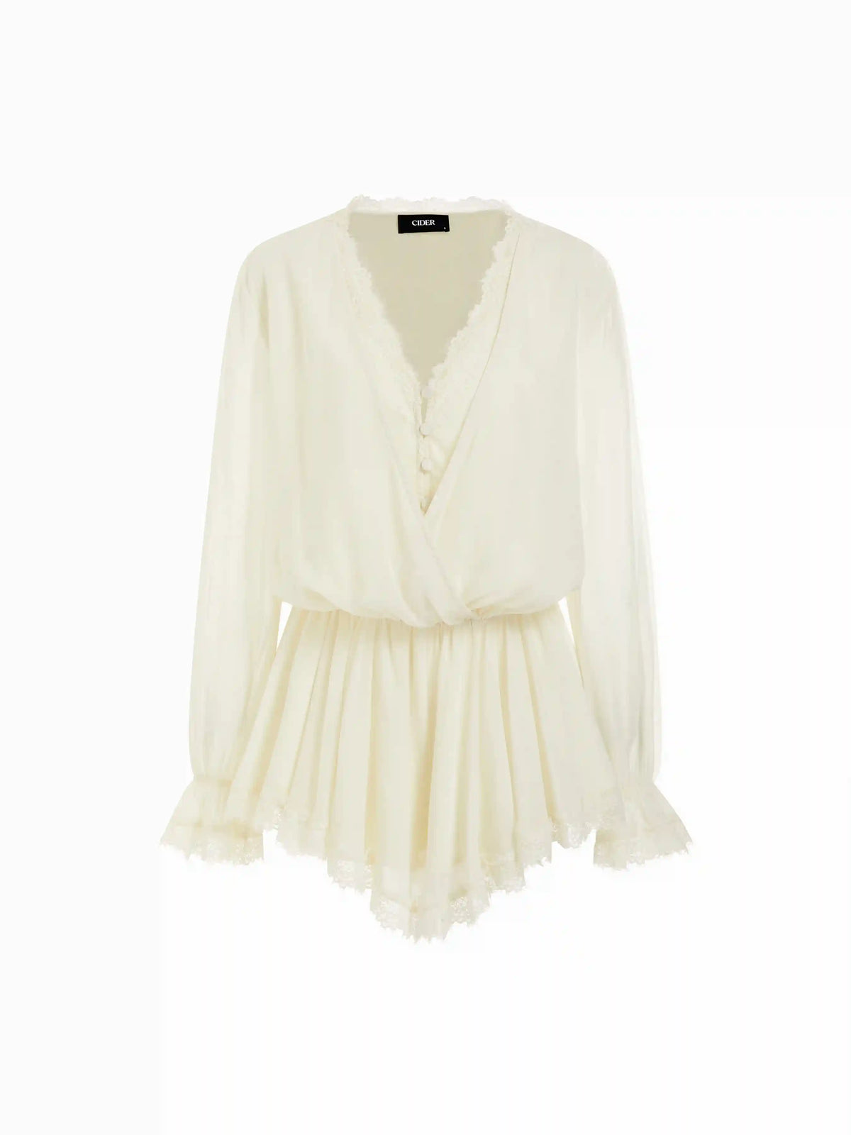 Chiffon V-neck Puff Sleeve Ruched Lace Trim Romper