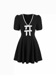 V-neck Lantern Sleeve Bowknot Flared Mini Dress